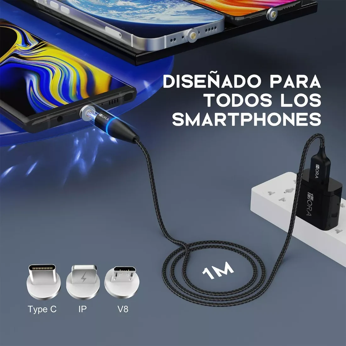 CABLE 3 EN 1 V8/TIPO C/LIGHTNING CON CABEZAS INTERCAMBIABLES 
