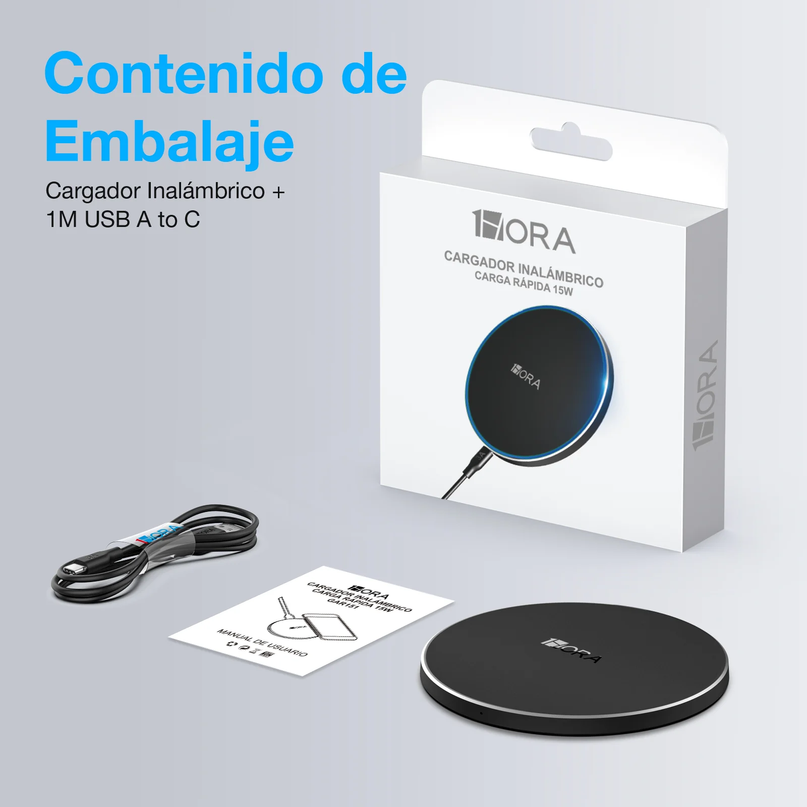 CARGADOR INALÁMBRICO 15W, WIRELESS CHARGER QI CON CABLE 3A