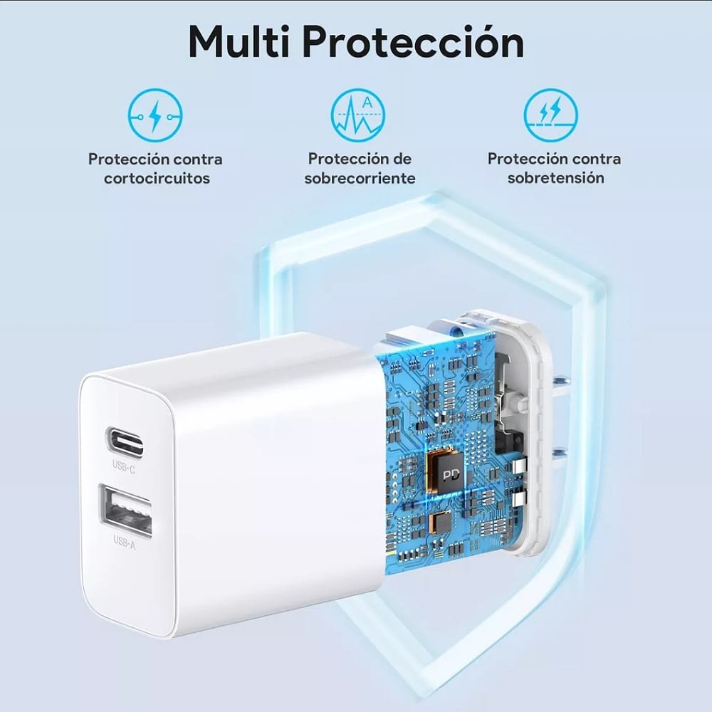 CUBO CARGADOR CON SALIDA DUAL USB + TIPO C 20 WATTS