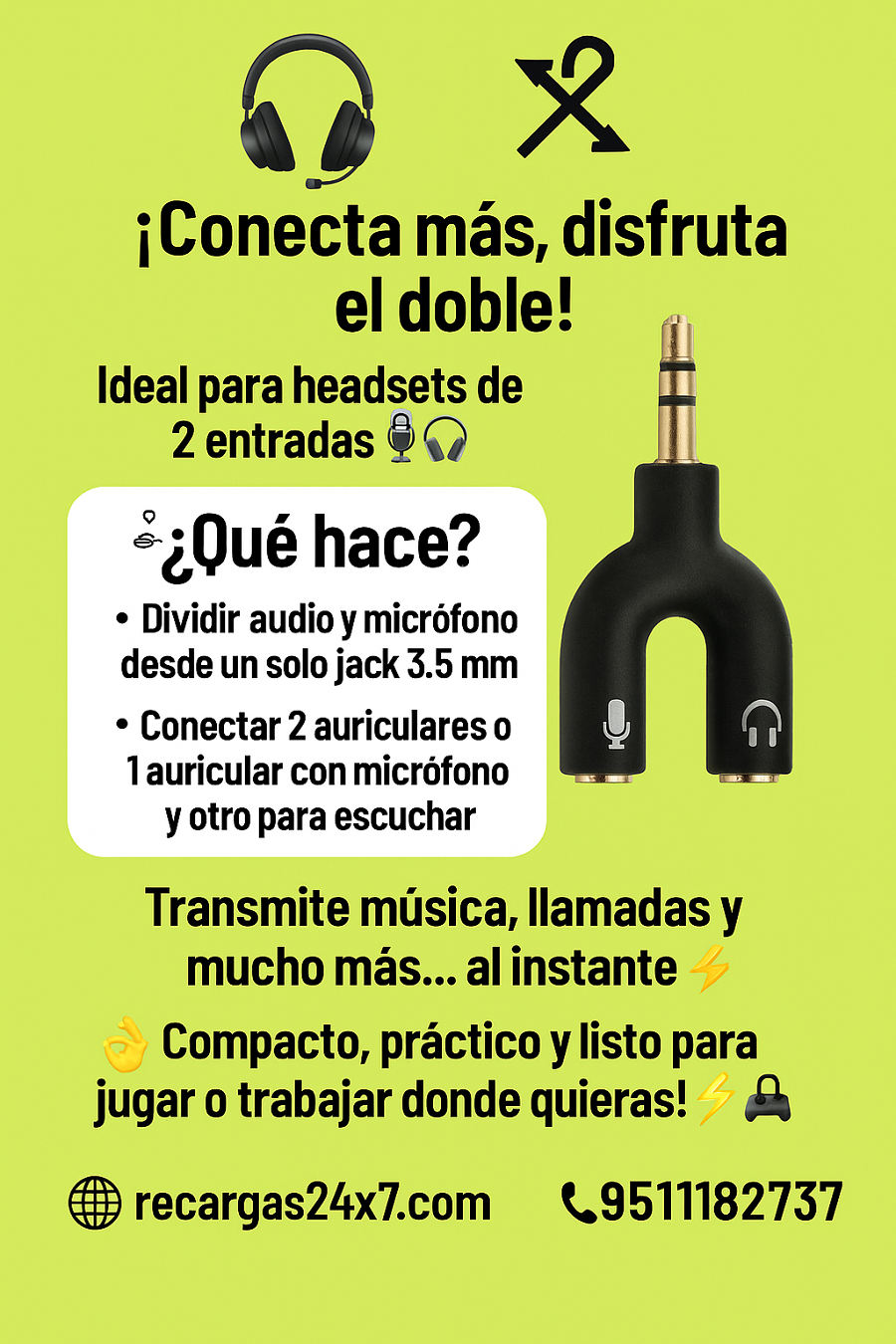 DIVISOR DE AUDIO 3.5MM PARA MICROFONO Y AUDIFINOS