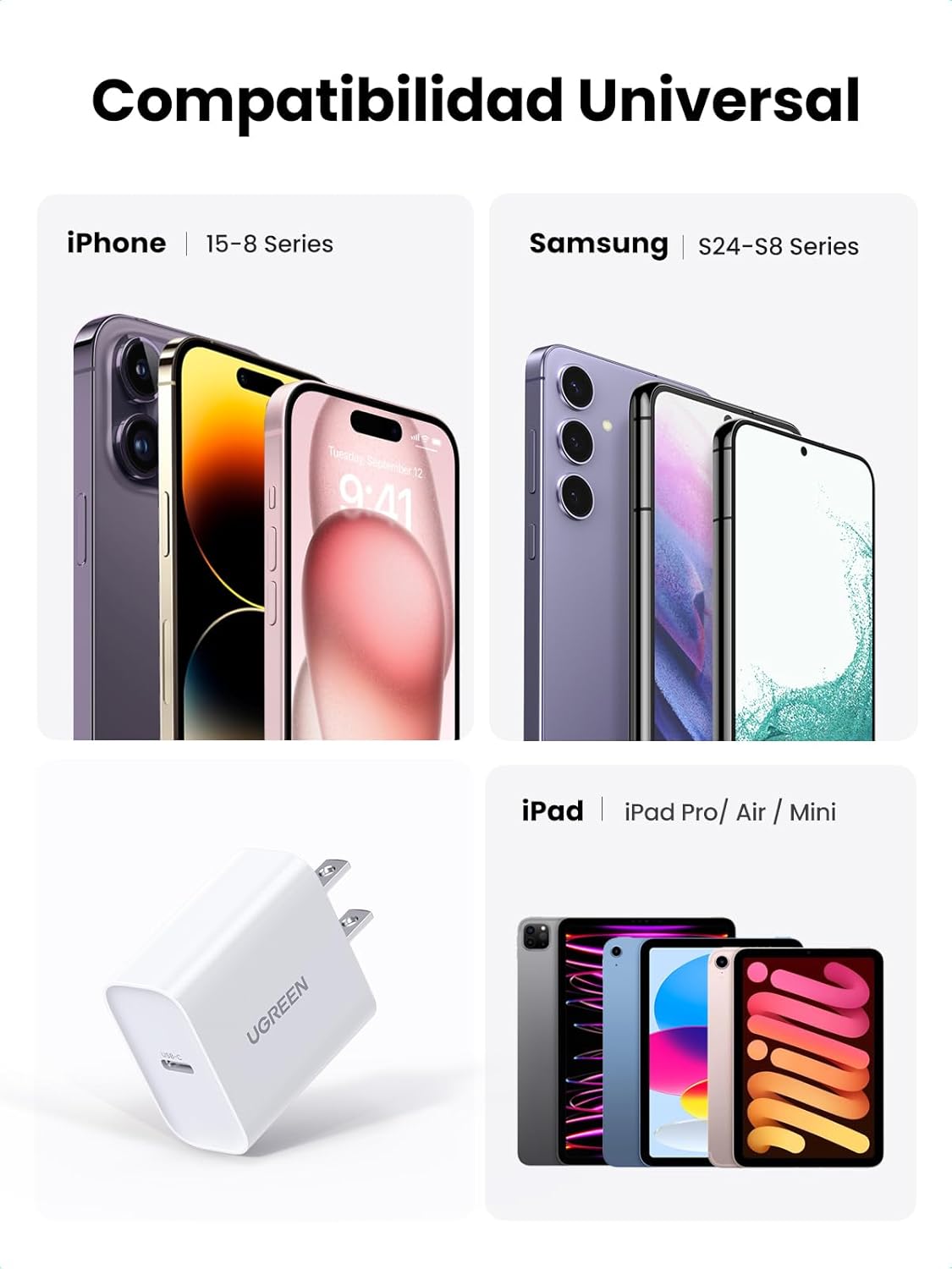 UGREEN 20W CUBO CARGADOR USB TIPO C CARGA RAPIDA