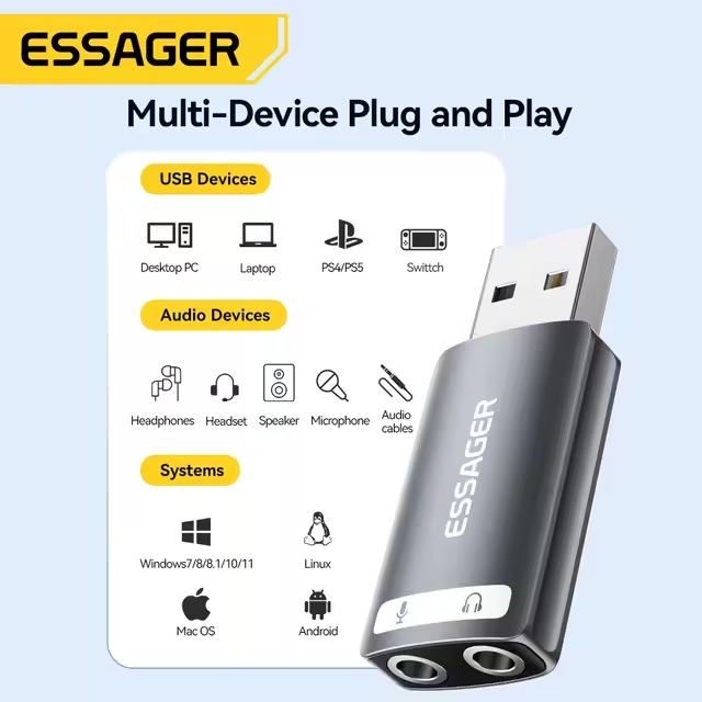 TARJETA DE AUDIO USB A 2 PUERTOS 3.5MM AUDIOFONO/MICROFONO